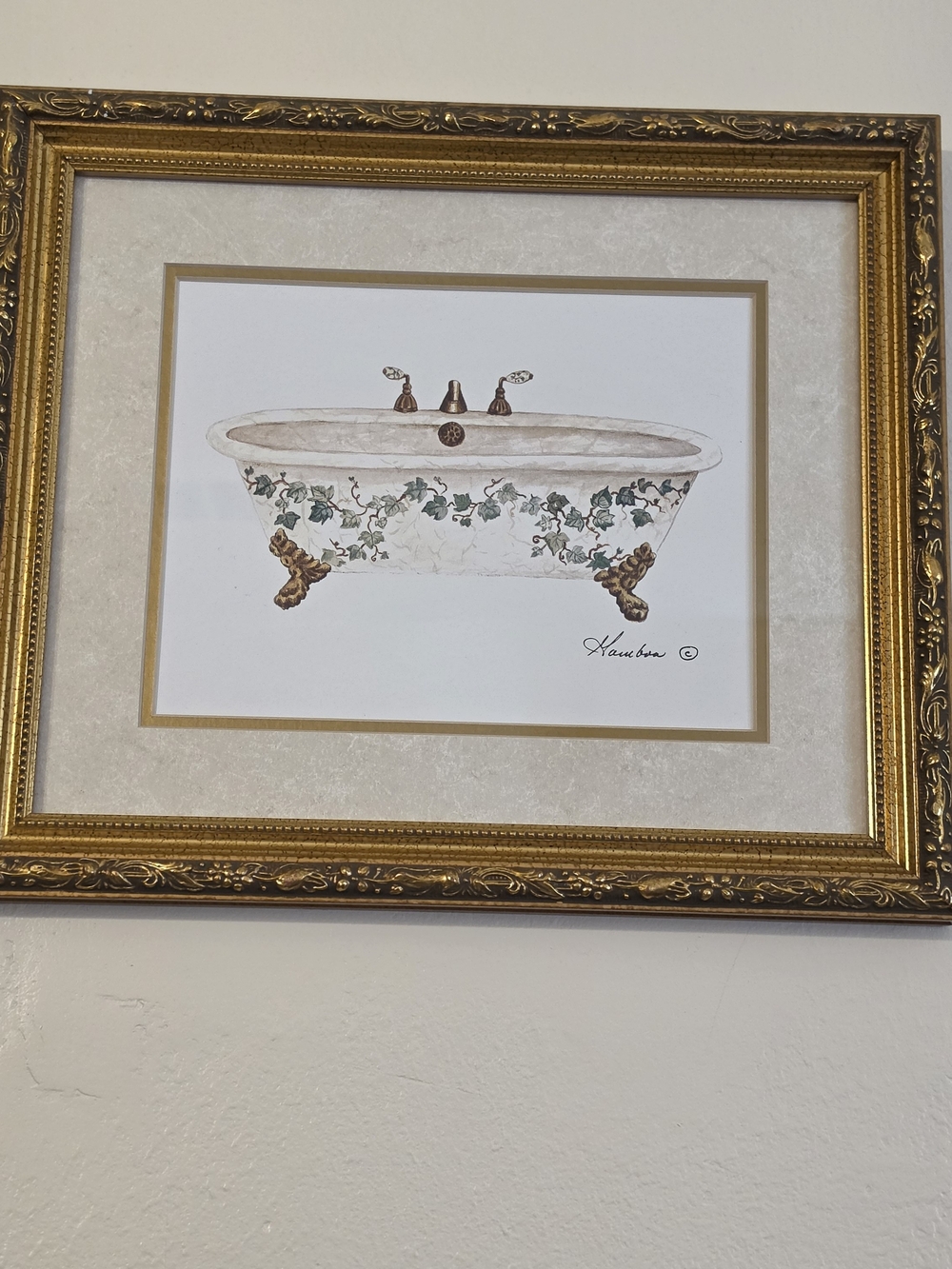 Ornate Bathtub Wall Art Print in Gold, White and Green